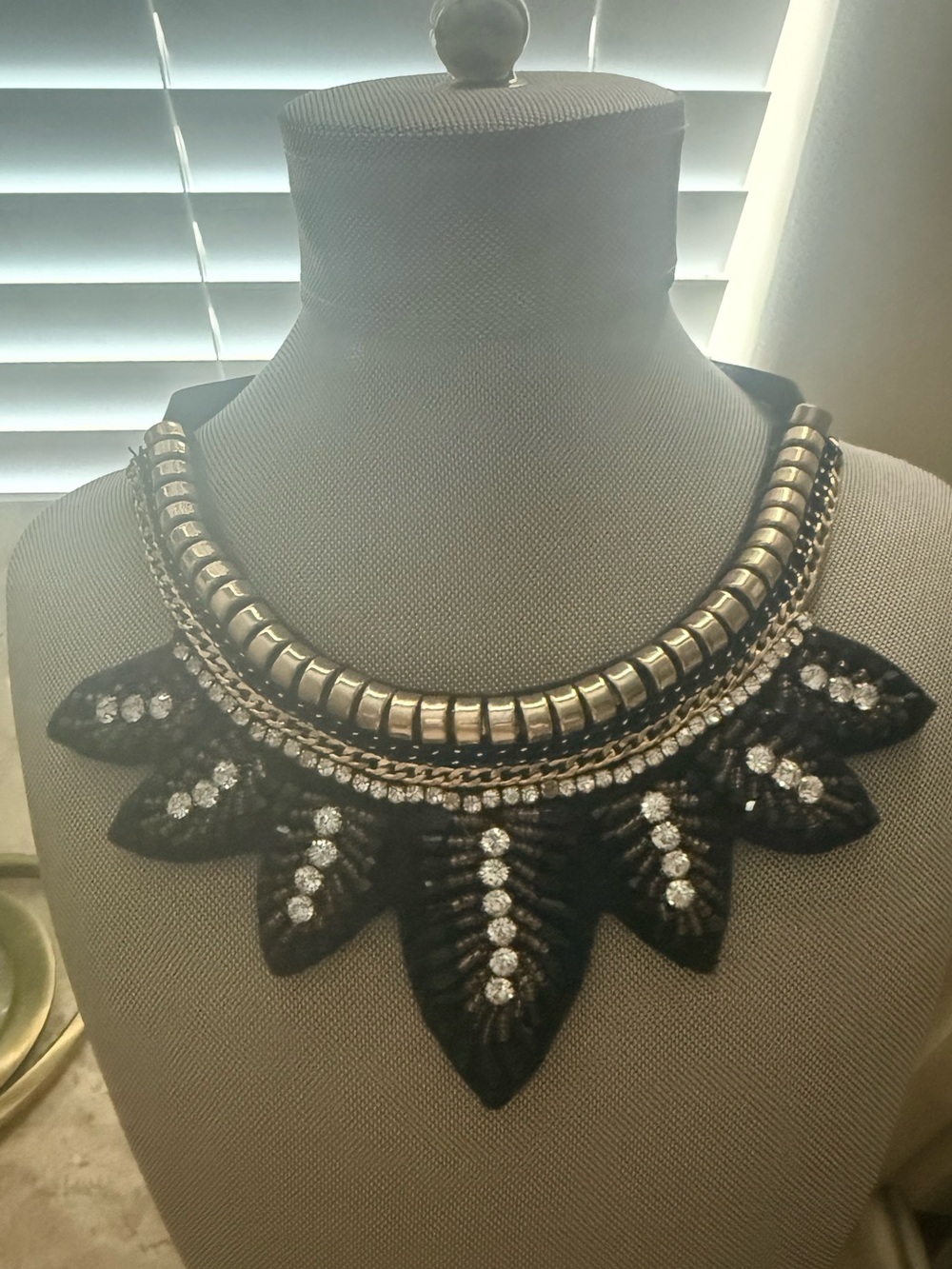 Black Statement Bib Necklace with Metallic Accents